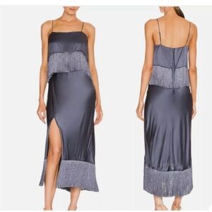 Cinq a Sept Midi Eastwood Fringe Cocktail Dress Blue Sleeveless Silk size 2